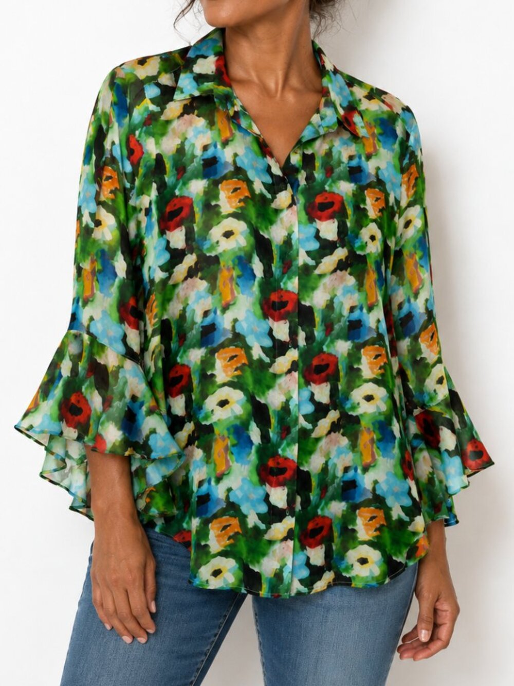 LIOR Paris Happy #4 Abstract Floral Ruffle Sleeve Button Down Blouse Size Medium
